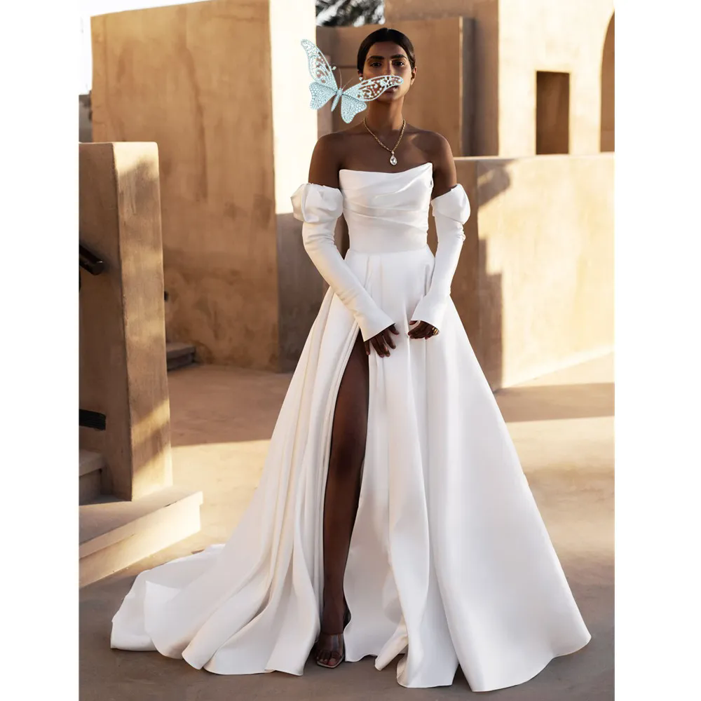 Vintage Satin Long Strapless Wedding Dresses Pockets White Ivory Pleats Open Back Sweep Train Bridal Gowns With Detachable Sleeves Vestido De Novia