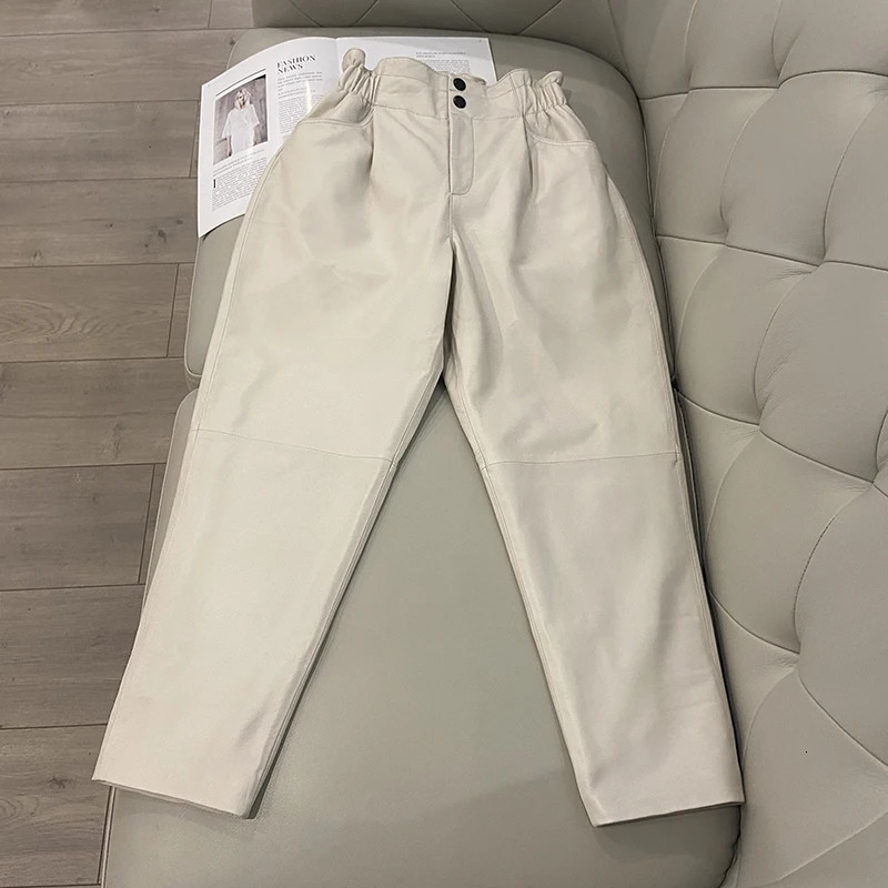 Genuine leather pants women winter fashion elastic high waist pants women harem pants casual trouser female 250224