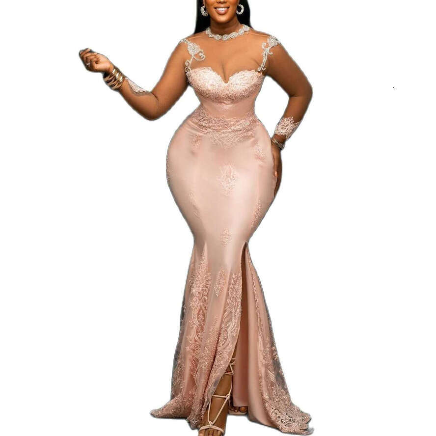 Applique Blush Pink Mermaid Lace Prom Dresses Sheer Long Sleeves Side Slit Aso Ebi Formal Evening Dress Party Gowns Plus Size