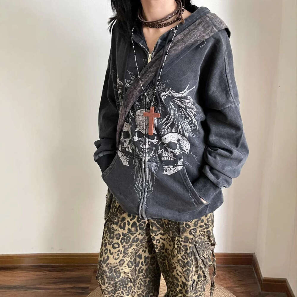 Dark Y2K Gothic style autumn/winter American skull print zipper hooded with plush niche sweatshirt jacket