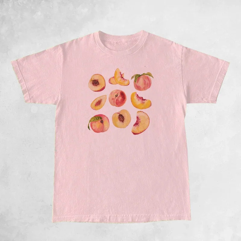 Vintage Peaches Printed Graphic Tees Women Cute Cottagecore Aesthetic T-Shirts Short Sleeve Female Retro Grunge Tops Clothes 250224