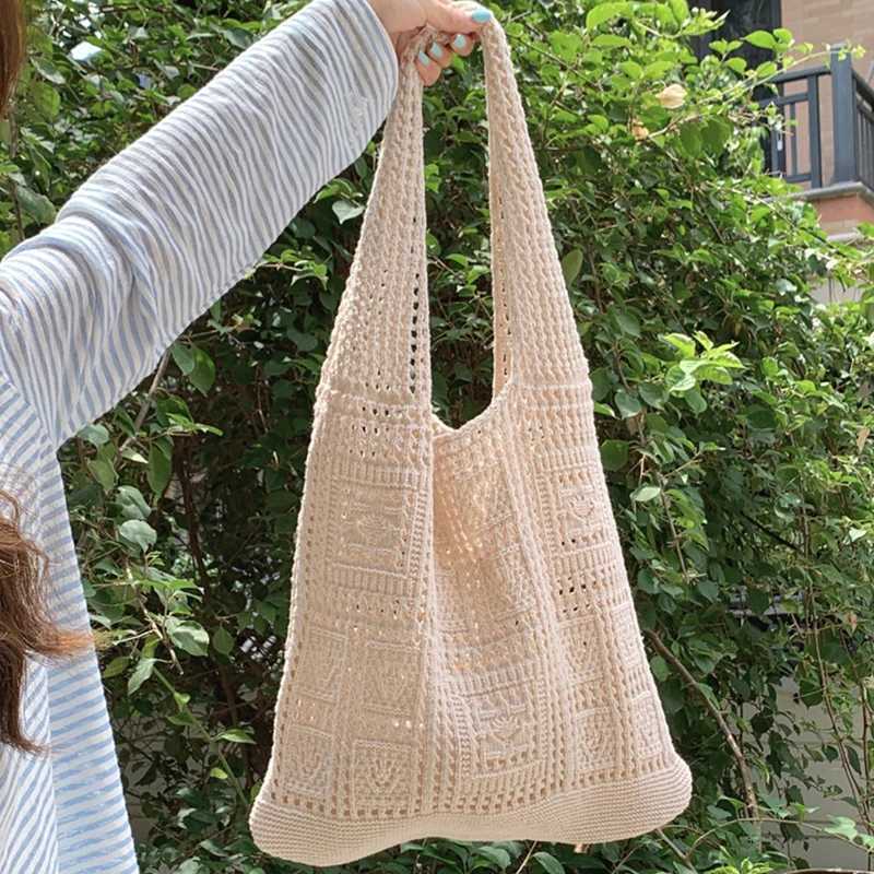 Knitted Shoulder Bags Fashion Hollow Woven Large Capacity Crochet Bag Solid Color Shopping Tote Women Girls