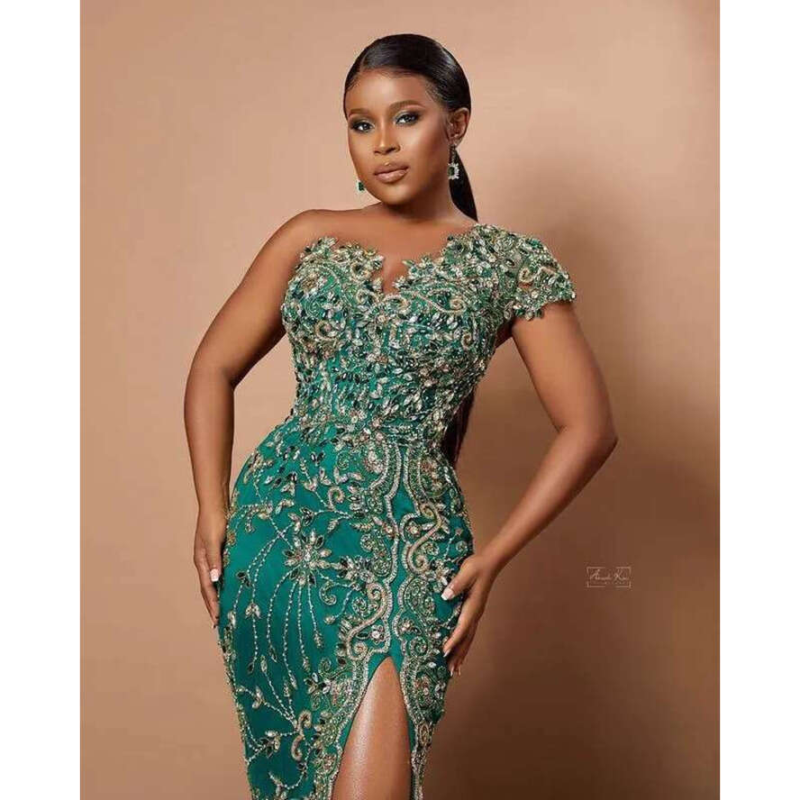 Arabic Plus Size Aso Ebi Hunter Green Mermaid Prom Dresses Lace Beaded High Split Evening Formal Party Second Reception Gowns Dress ZJ