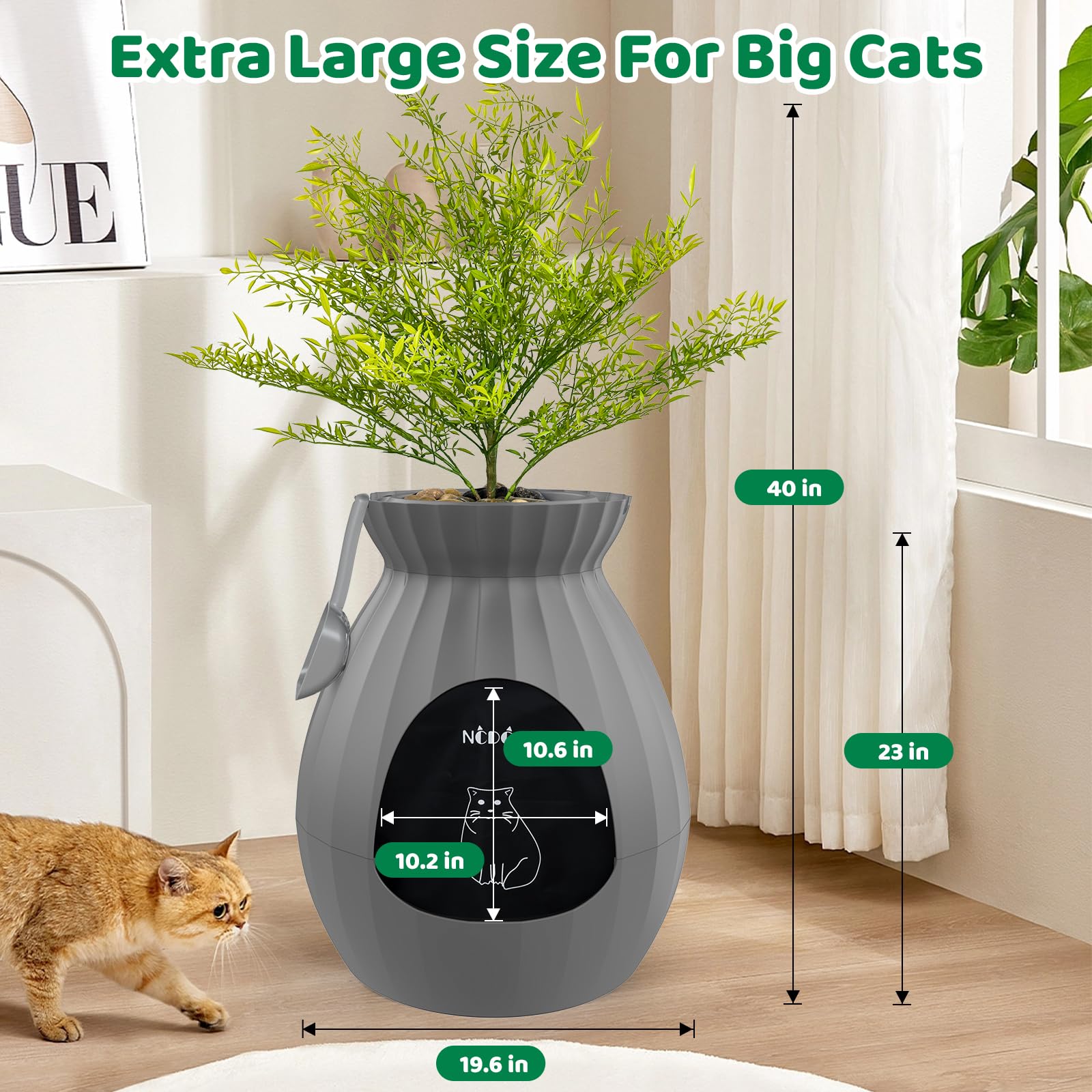 NCDCNI Extra Large Cat Plant Litter Box with Odor Removal, Smart Litter Box for Large Cats, Kitty with Door Curtain, Artificial Plants, Scoop