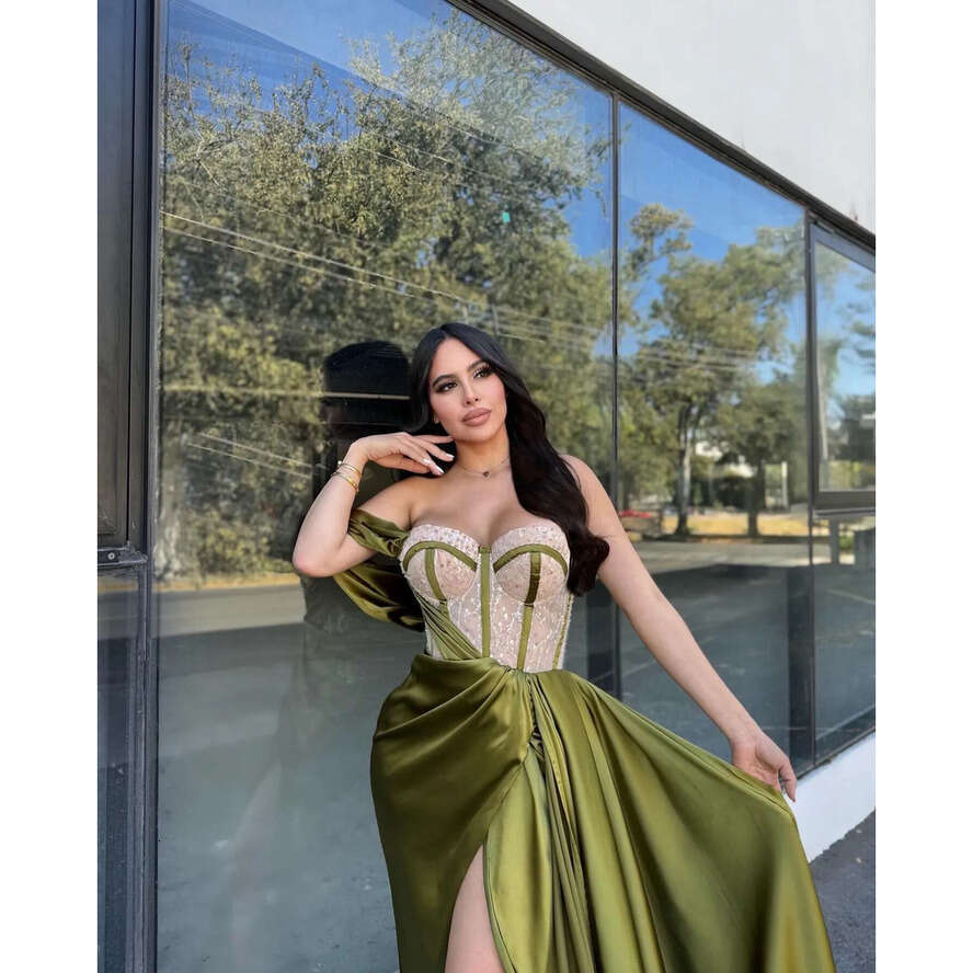 Olive Green Sheath Prom Dress Bone Bodice Beading Sweetheart Evening Dresses Satin Thing Split Backless Beauty Women Formal Gown