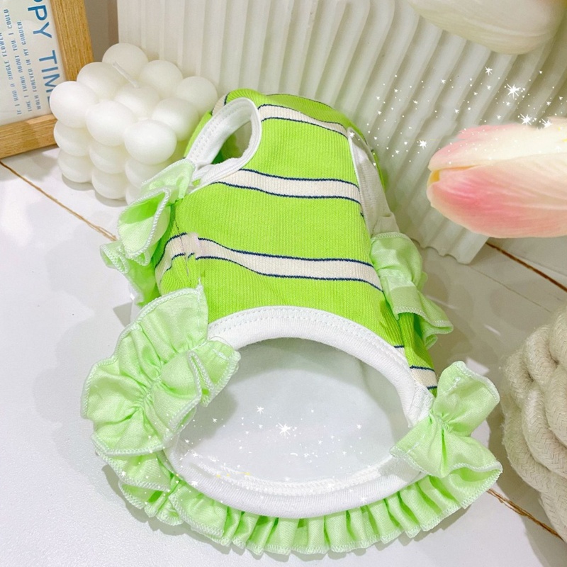 Green White Stripe Cotton Dog Dress with Embroidered Letters,Casual and Comfortable Puppy Dress, Flared Skirt for Pomeranian, Bichon Small Medium Dogs