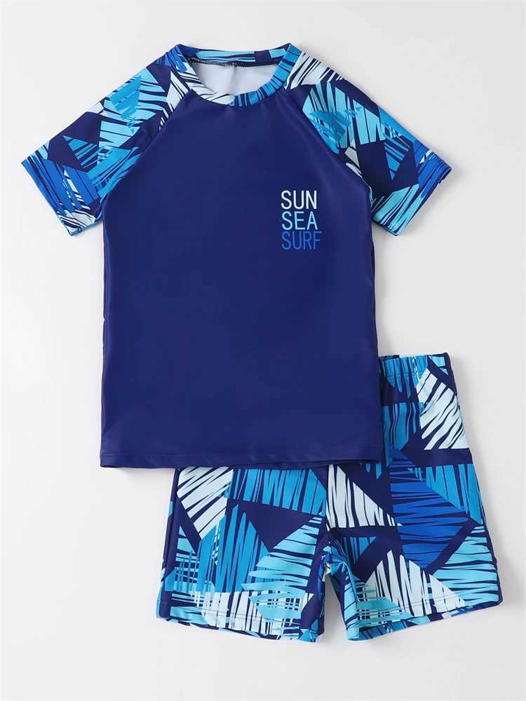 Boy Swimsuit 2025 New Blue Print Short Sleeves Childrens Swimwear Two Piece Summer Kids Shorts Beach Wear Swimming Bathing Suit X250224