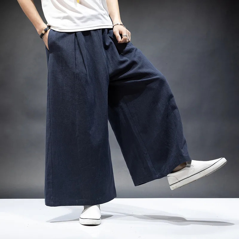 Japan style mens cotton linen wide leg pantsplus size ML-7XL Vintage casual Elastic Waist Pockets Joggers Retro Loose Trousers 250225