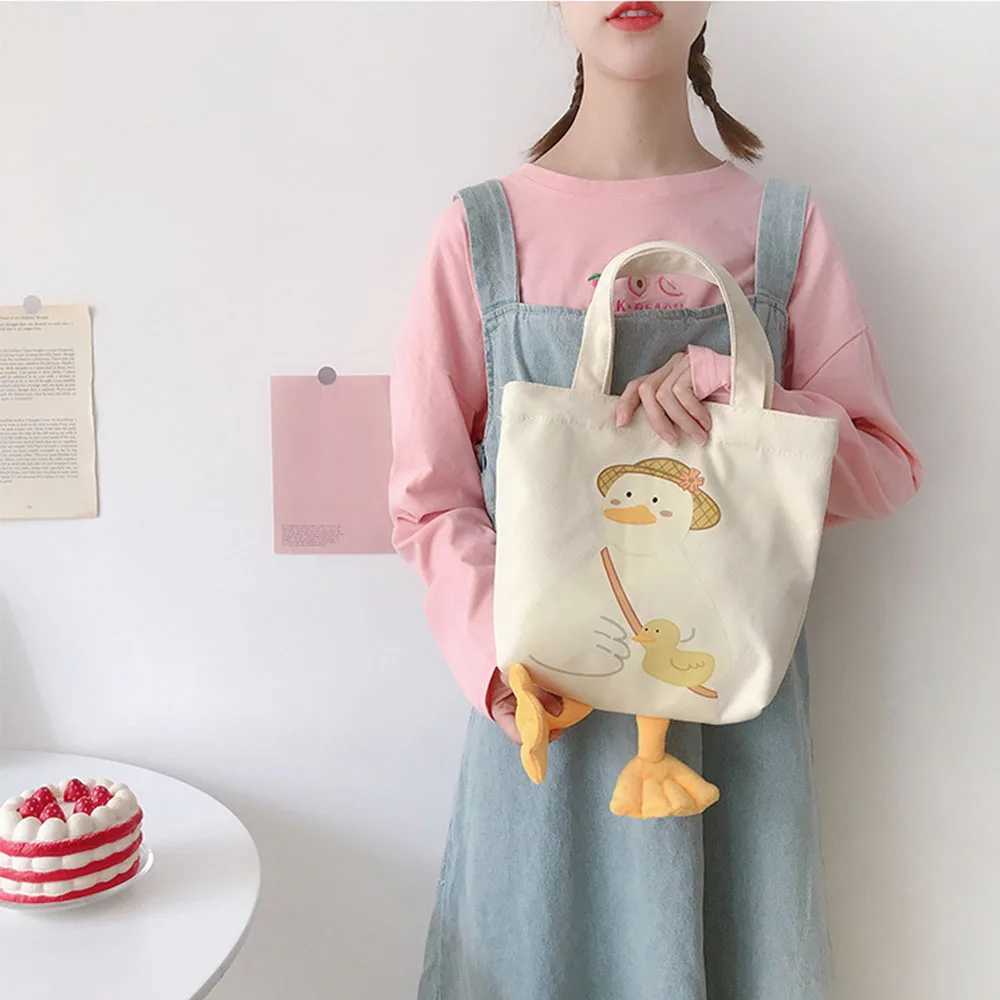 New Women Shoulder Shopper Bag Cute Duck Cartoon Print Casual Kawaii Canvas Tote Shopping Bag Cotton Cloth Eco Handbags tote bag Z250224