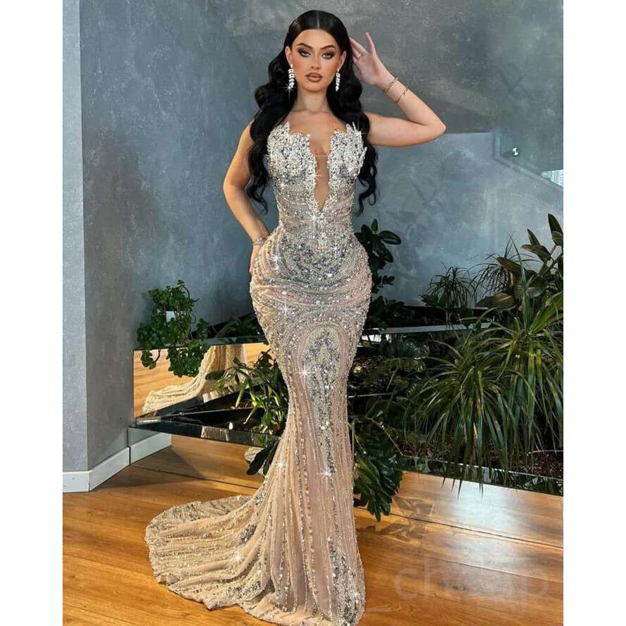 Aso May Ebi Urious Mermaid Prom Beaded Crystals Illusion Evening Formal Party Second Reception Birthday Engagement Gowns Dress Robe De Soiree Zj