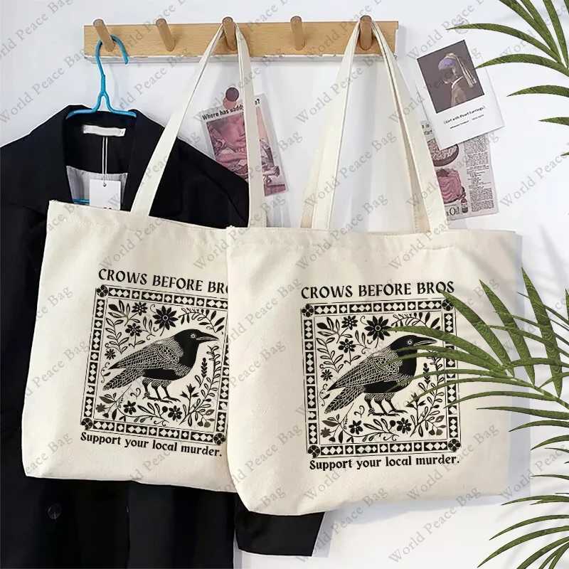 1 pc Crows Before Bros Vintage Crow pattern Tote Bag Canvas Shoulder Bag For Travel Daily Commute Womens Reusable Shopping Bag Z250224