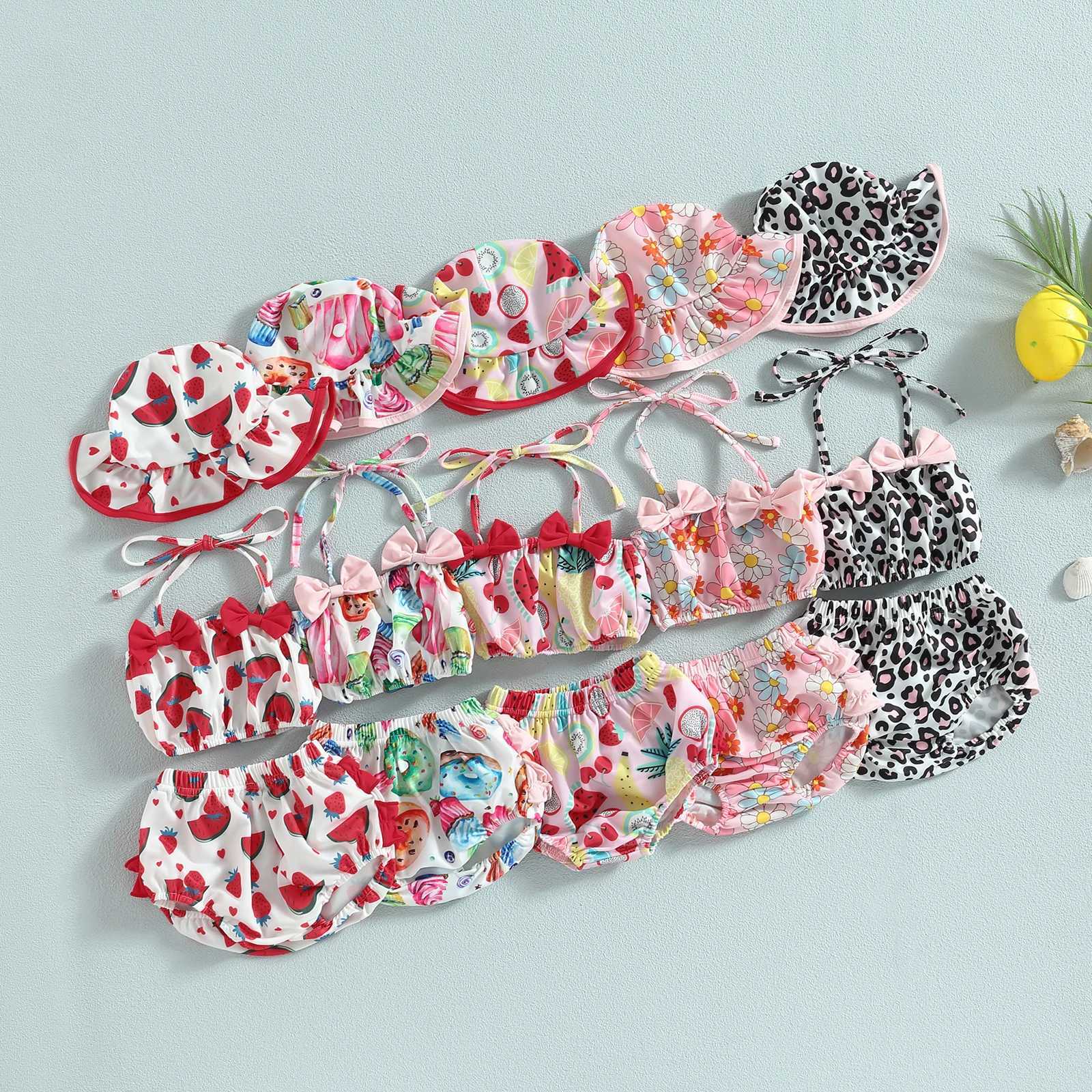 EWODOS 0-24Months Toddler Baby Girl 3pcs Swimsuits Summer Fruit Print Bandage Halter Sleeveless Tops Beach Shorts and Hat Sets X250224