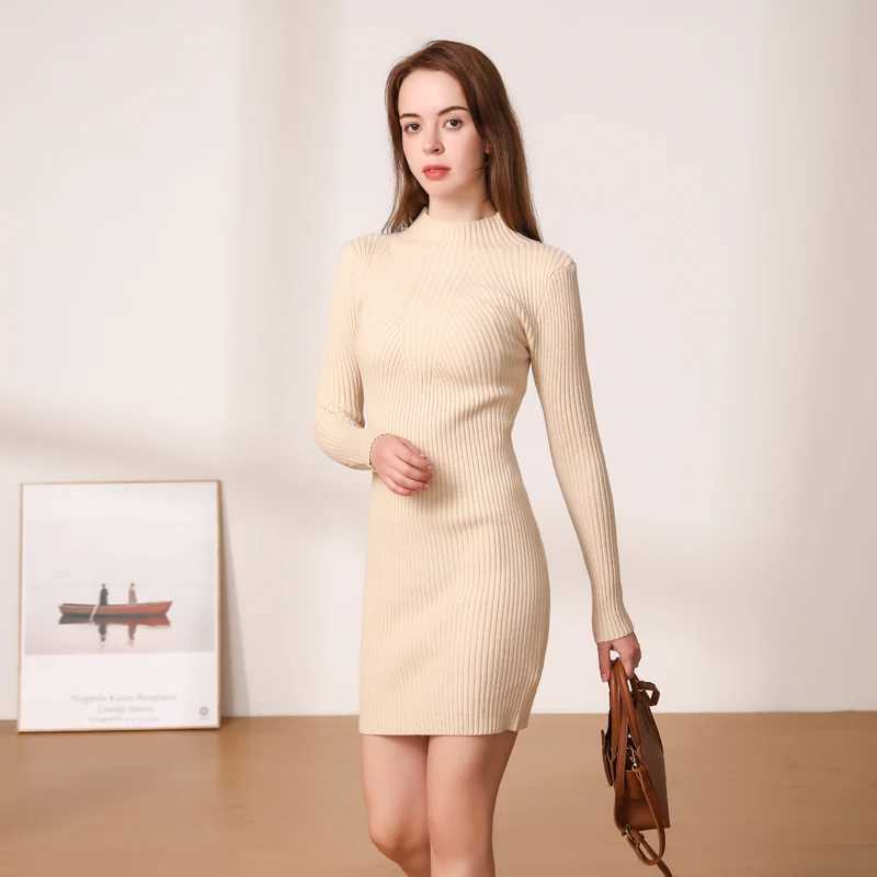 Basic 2024 Winter Casual Womens Dresses Ladies Midi Dress Sweater Knitted Korean Fashion Robe Clothes Clothing Ele BlackXJ250224