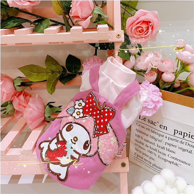 Fashion Dog Clothing with Cartoon Character Pattern Decoration, Pink Strap Skirt T-shirt Set, Summer Dog Dress, Suitable for Small and Medium Sized Do