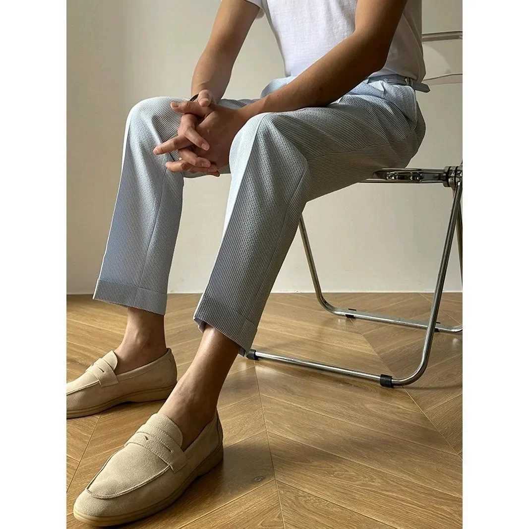 Summer thin striped mens straight leg loose fitting casual pants British style casual business suit pants trend W250225