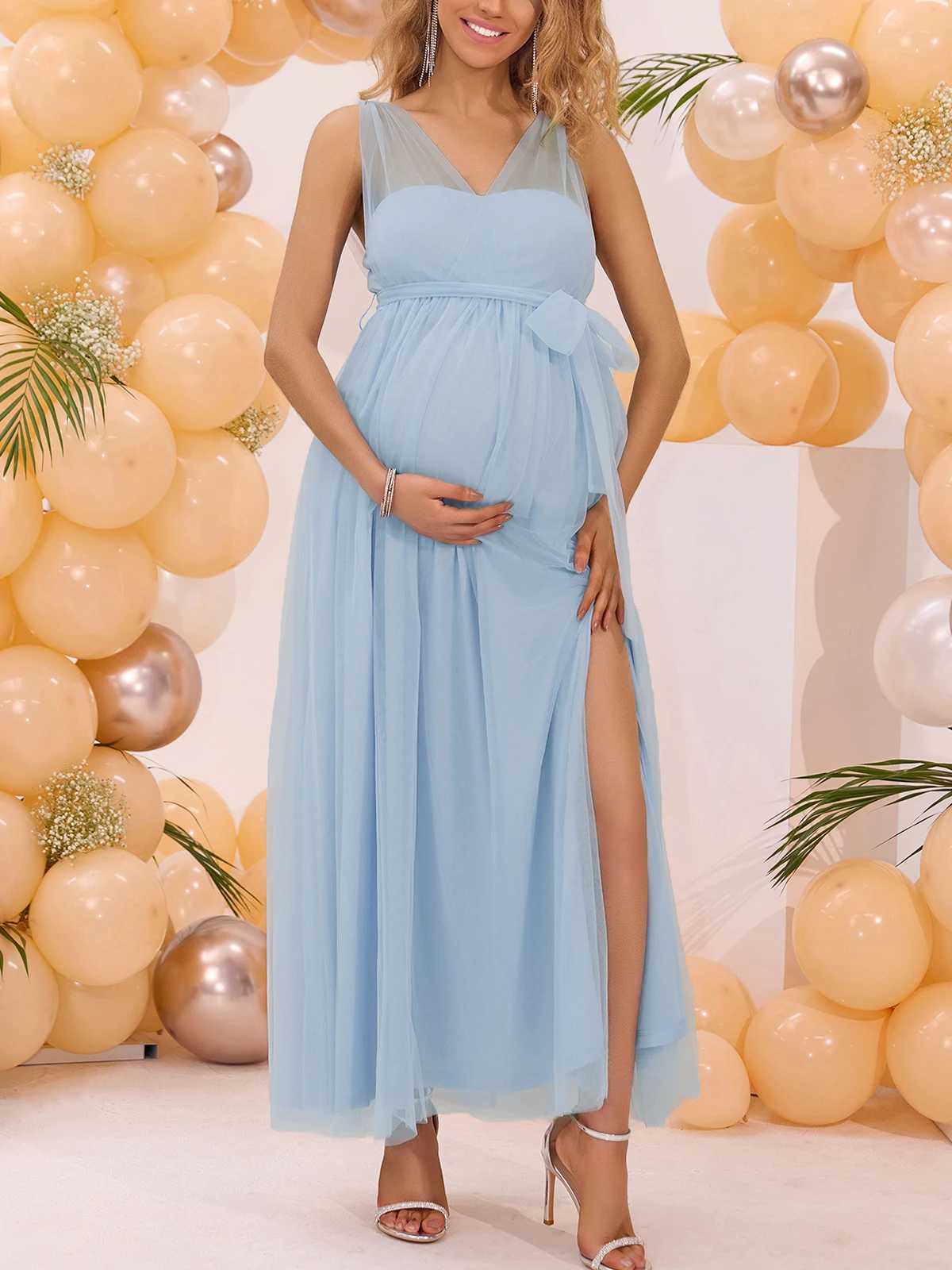 ItsRoya Solid V Neck Backless Pregnant Dress With Waist Tie Casual Photography Props Dresses Loose Side Split Maternity Dress X250224