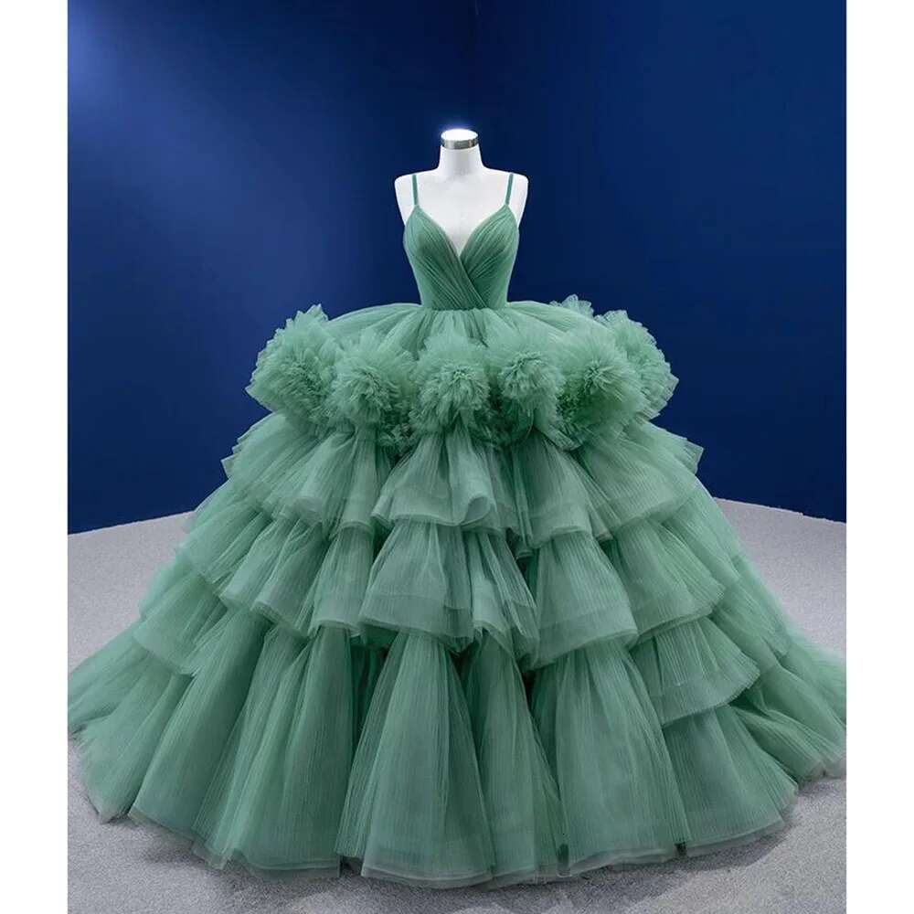 Pleated Ball Gown with V Neckline Green Spaghetti Ribbons Elegant Party Dress Up to the Floor Banquet evening Fashion