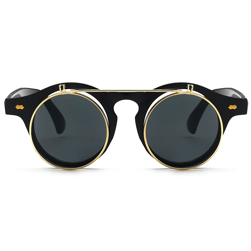 Retro flip-top sunglasses; punk steam round double-layer sunglasses; European and American trend sunglasses.