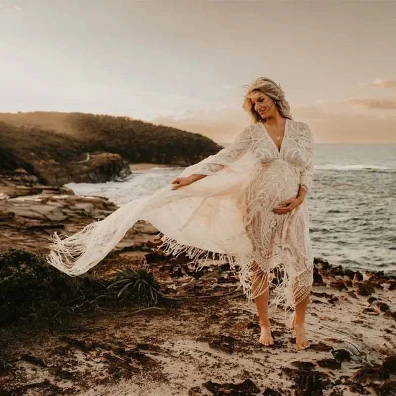 Boho Lace Maternity Photography Props Dresses Free Size Adjustable Pregnancy Photo Shoot Bohemian Long Dress Sides Slit X250224