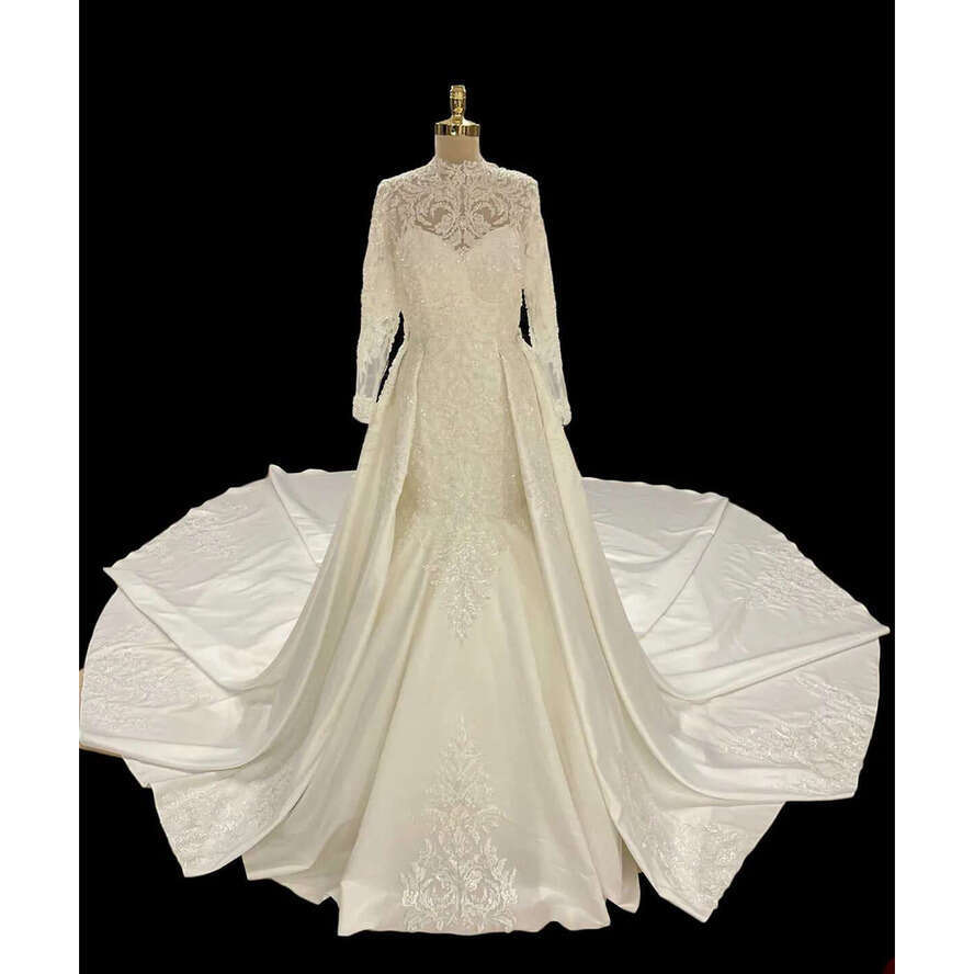 Elegant Mermaid Wedding Dresses High Collar Long Sleeves Bridal Gown Lace Detachable Train Dress Custom Made