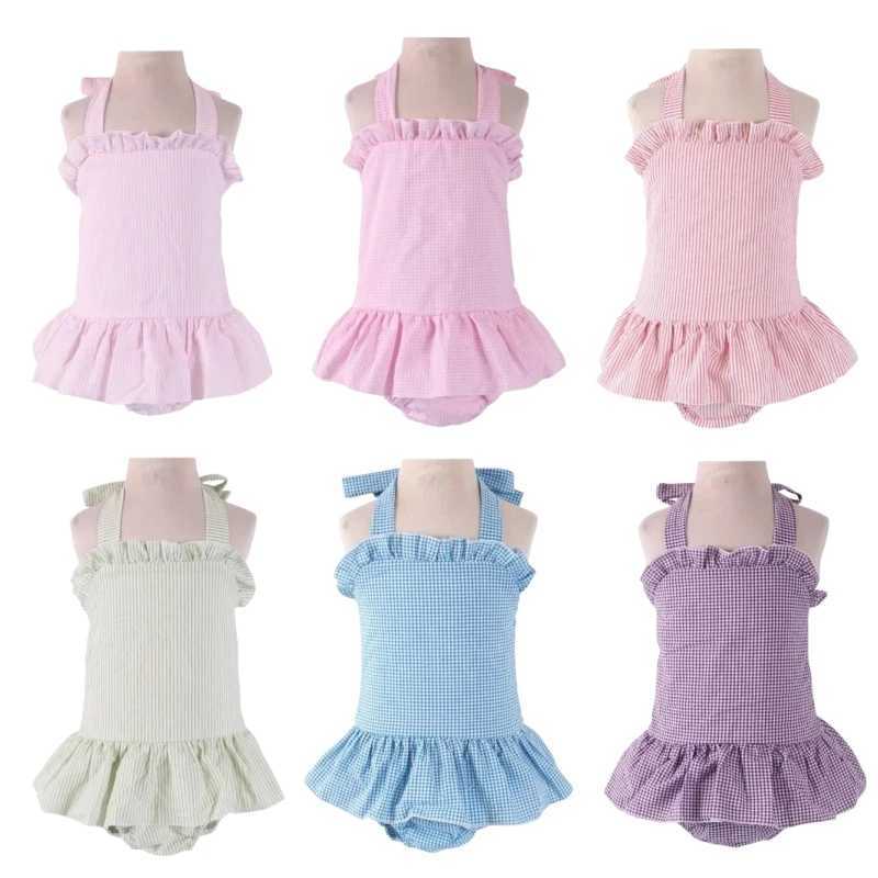 Ruffles Summer 100% Cotton Baby Clothes Toddler Swimsuit Seersucker Infant Kids One Piece Bikini Beachwear Ruffle Girls Swimwear X250224