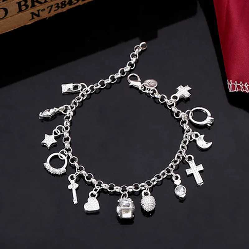 925 Sterling Silver Fashion 13pcs Pendant Chain Charm Bracelet for Women for Teen Girls La Gift Women Fine JewelryXJ250225