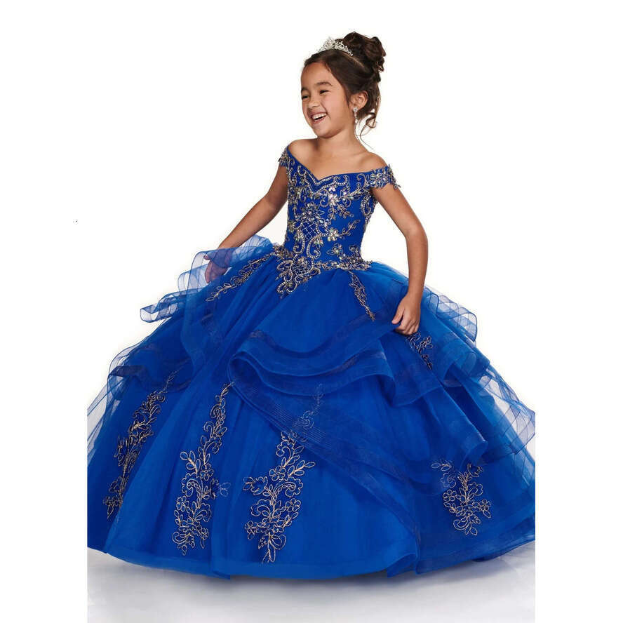 Cheap Royal Blue Peach Girls Pageant Off Shoulder Gold Lace Embroidery Beaded Wer Girl Dresses Kids Wear Birthday Communion Dress