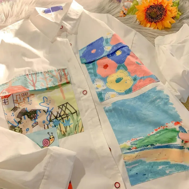 Yellow Oil Painting Print Shirts Women Spring Autumn Thin Loose Button Up Blouses Long Sleeved Oversize Shirt for Teenage 250225