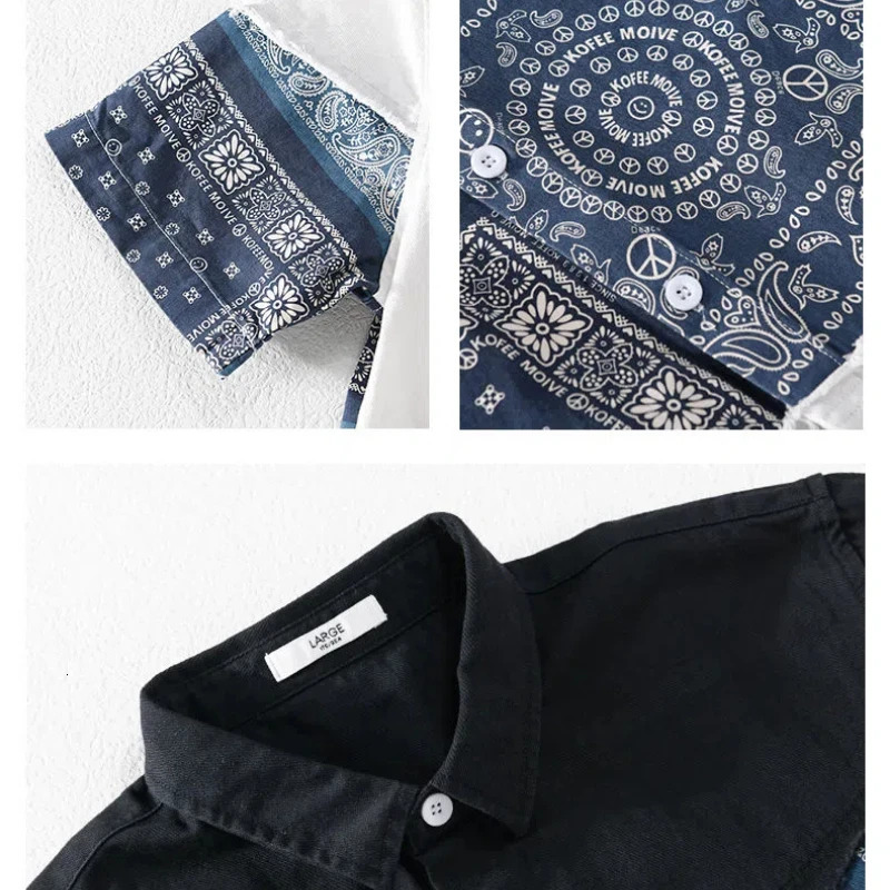 Spring Autumn Fashion Turn-down Collar Long Sleeve Patchwork Printin Blouse Mens Clothing Casual Korean Button Loose Shirts 250220