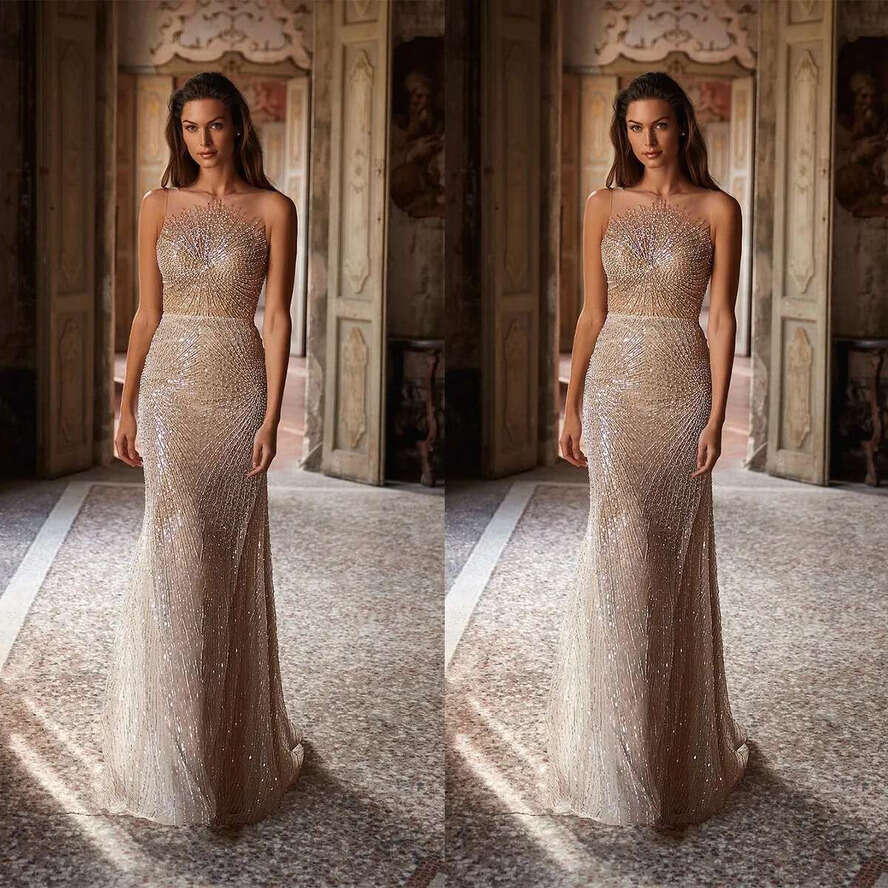Evening Sparkly Women Dresses Sheer Neck Sleeveless Prom Gowns Sequins Sweep Train Dress For Party Custom Made Robe De Soiree
