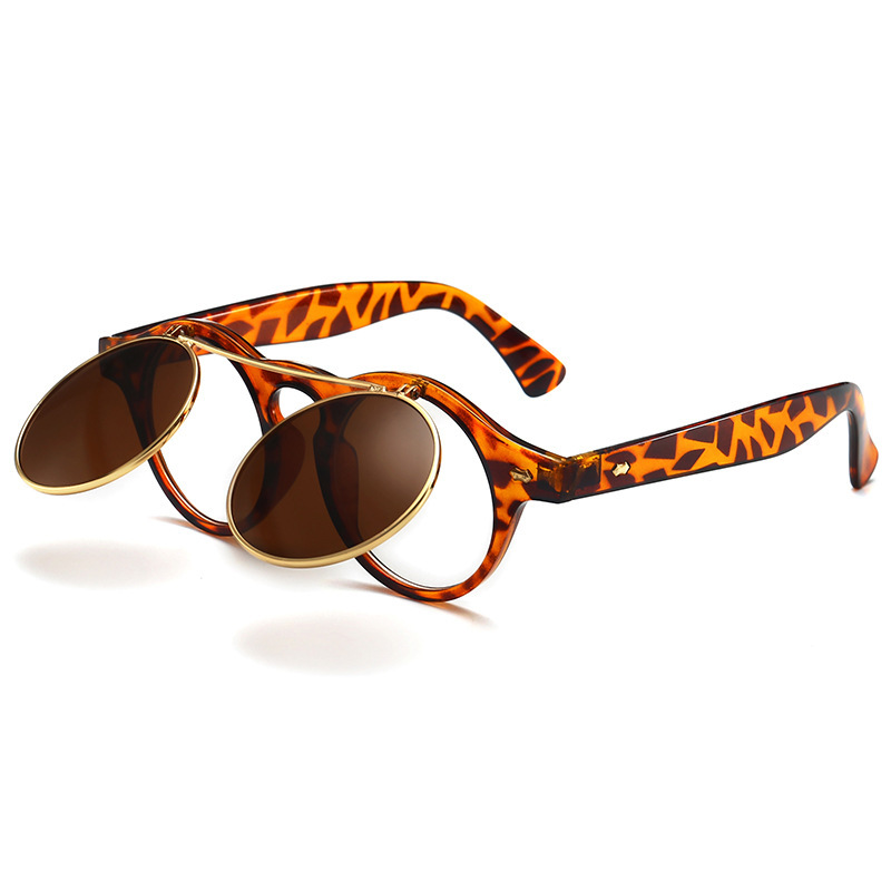 Retro flip-top sunglasses; punk steam round double-layer sunglasses; European and American trend sunglasses.