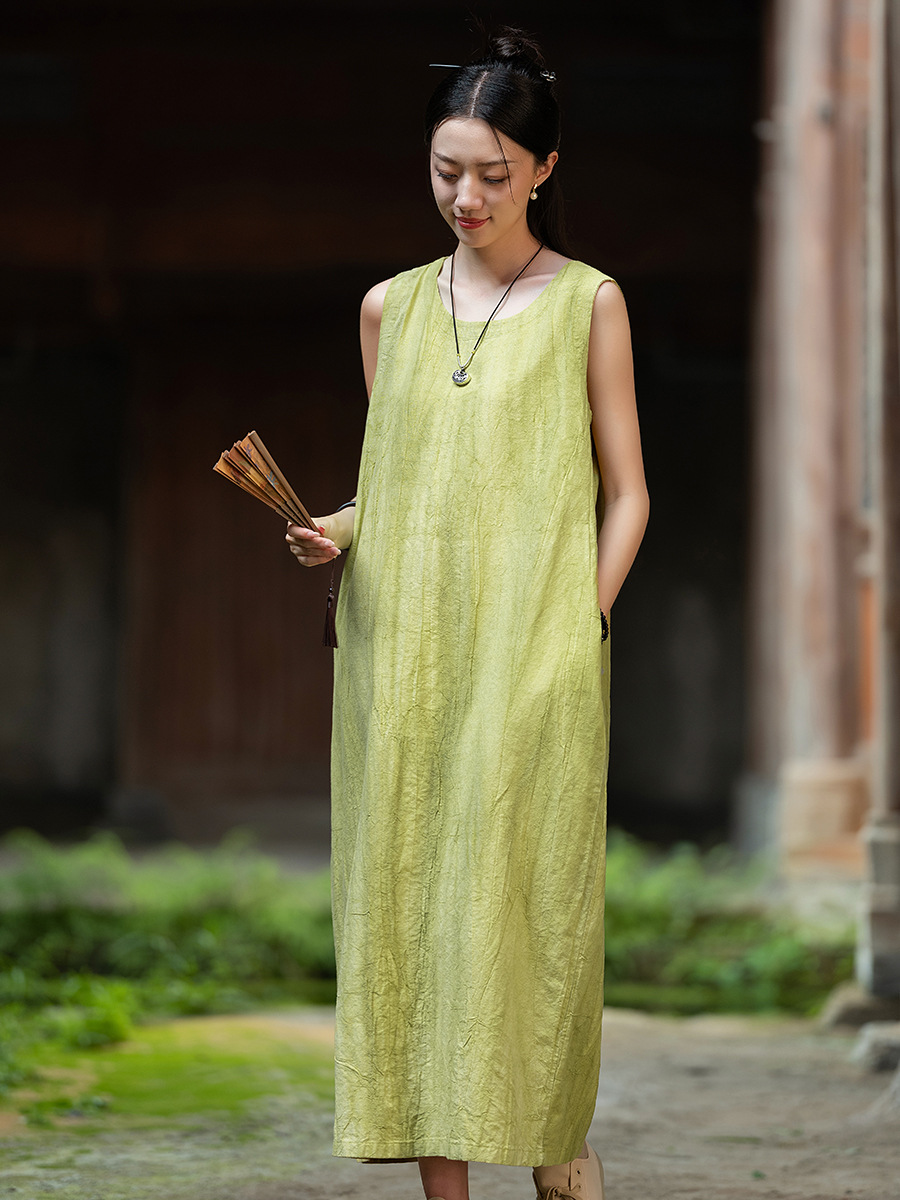 Y41150 Cotton and linen women's clothing ramie cotton thin dirty dyed Chinese long skirt women's loose literary sleeveless vest dress