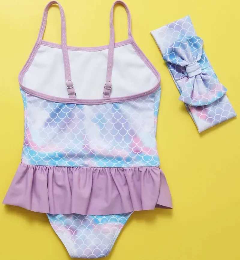 Baby Girls Swimwear Mermaid Carton Print Toddler Kids Ruffle One-piece Swimsuit Bathing Suit Girls 90-120cm Beachwear Swimming X250224