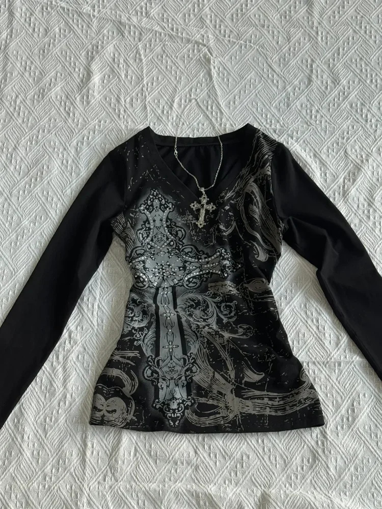 Y2k Emo Women Korean Streetwear Long Sleeve Acubi Aesthetic Tshirts Graphic Grunge Tshirt Goth Punk Retro Top 2000s Alt Clothes 250224 - view 3