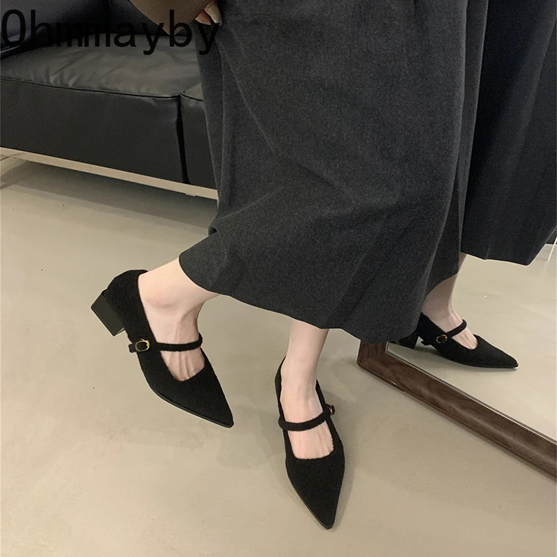 Winter Cotton Women Mary Jane Shoes Fashion Shallow Pointed Toe Shoes Concise Square Heels Shoes 250224