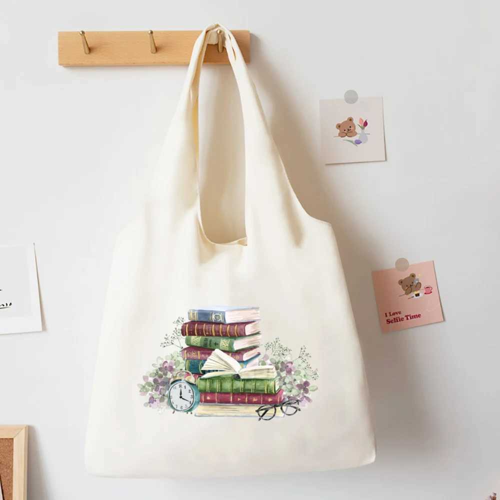 Floral Books Watercolor Tote Bag Literature Book Flower Shoulder Bags Illustration Girl Book Bag Travel Harajuku Canvas Handbag Z250224