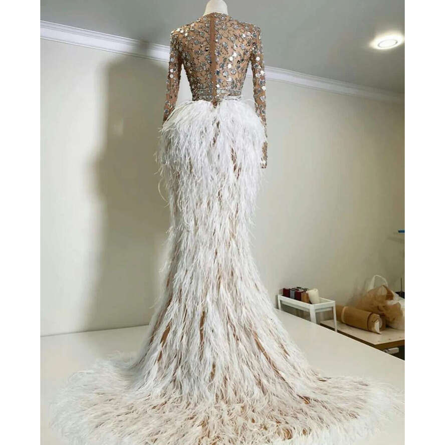 Sexy Illusion Top Evening Dresses With Sequins Hi Lo Feather Skirt Prom Gowns Custom Made Party Celebrity Dress