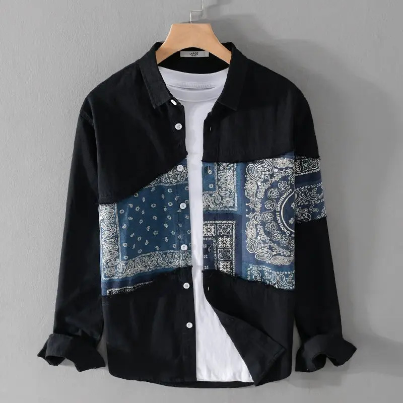 Spring Autumn Fashion Turn-down Collar Long Sleeve Patchwork Printin Blouse Mens Clothing Casual Korean Button Loose Shirts 250220