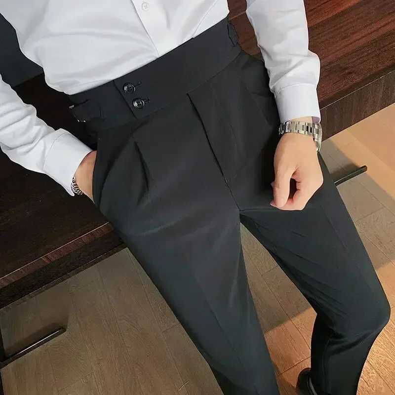 Mens High Quality Elegant Slim Dress Pants Naples Suit Pants High Waisted Italian Business Formal Social Trousers Banquet Wedding W250225