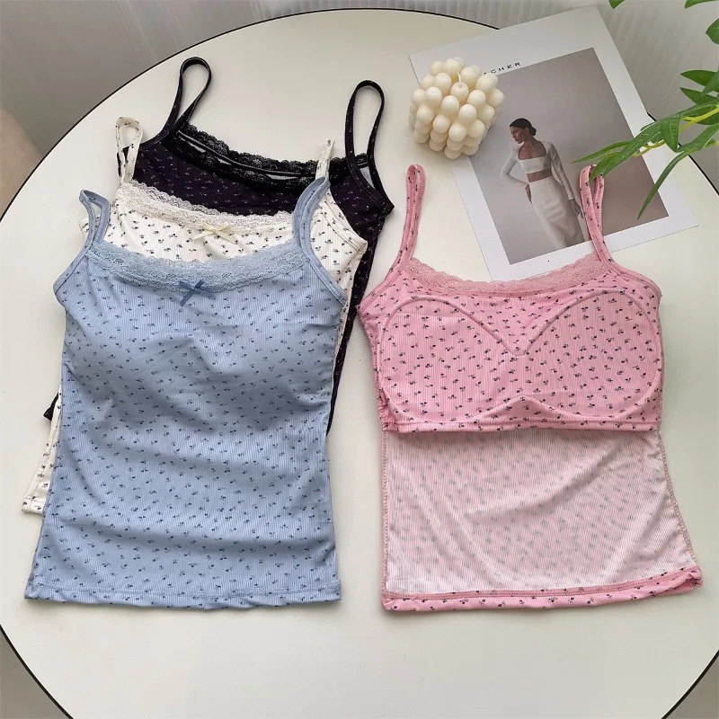 Summer Print Crop Tops for Women Bow Lace Camisole Sexy Backless Vest with Padded Basic Tank Top Bm Style Camis Y2k Streetwear 250224