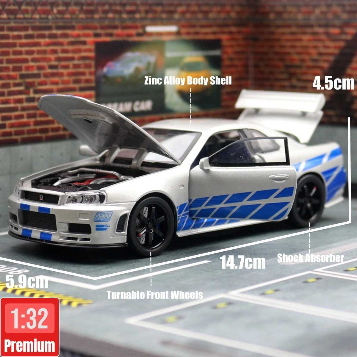 1/32 Nissan Skyline GTR R34 JDM Toy Car Model Diecast Vehicle Miniature Sound Light Pull Back Collection Gift Children Boy Free shipping