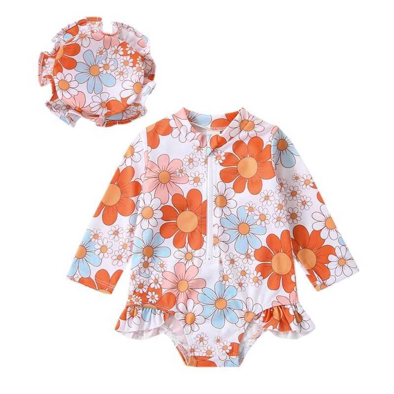 2022-12-12 Womens 0-24M Infant Girls Summer Swimsuit Flower Print Long Sleeve Zipper Closure Ruffle Bikini Swimming Cap X250224