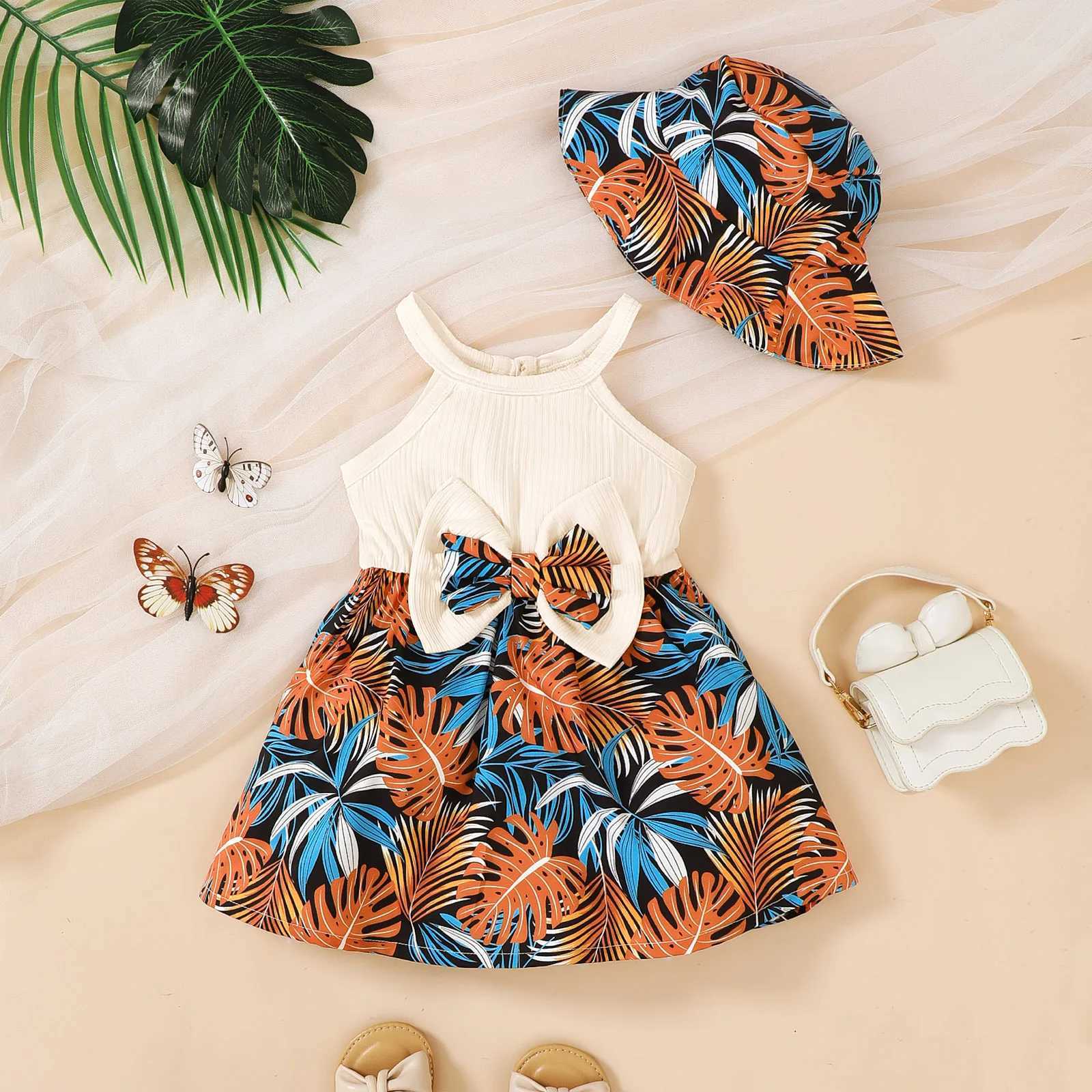 Baby Girl Dress Sleeveless Leaf Printed Bow Dress+Hat Set 0-3 Year Old Baby Girl Summer Beach Vacation Casual Dress X250224