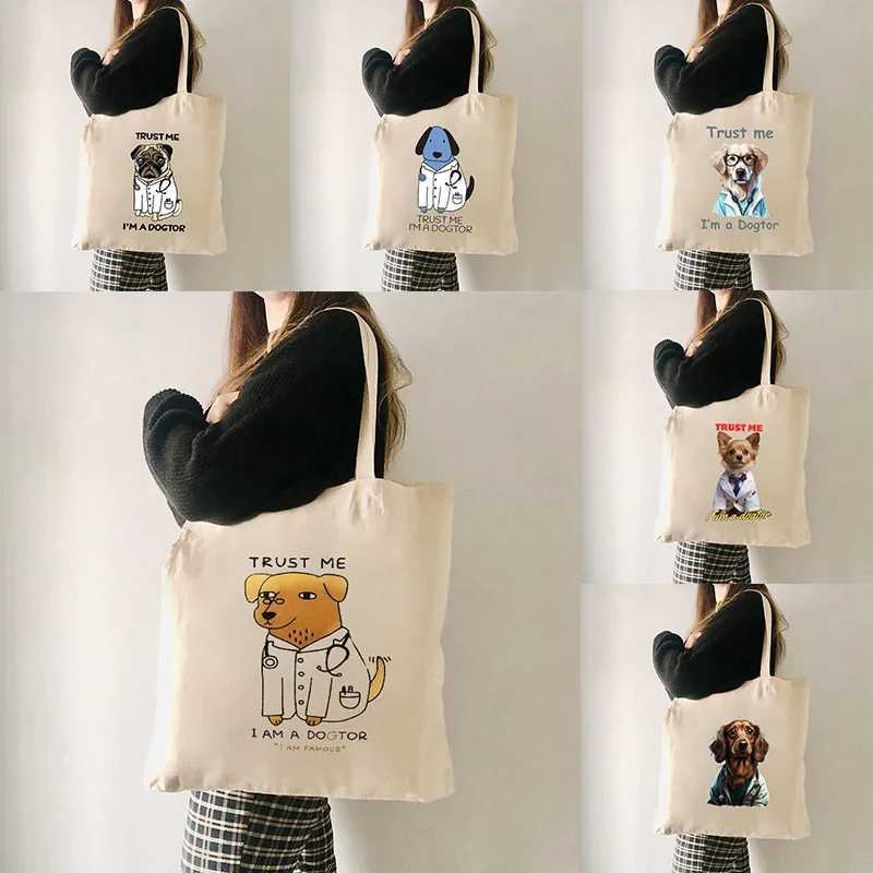 Trust Me Im A Dogtor Pattern Shopping Bag Funny Gift Idea for Dog Lover Canvas Totes Humor Dog Doctor Shoulder Bag Handbag Z250224