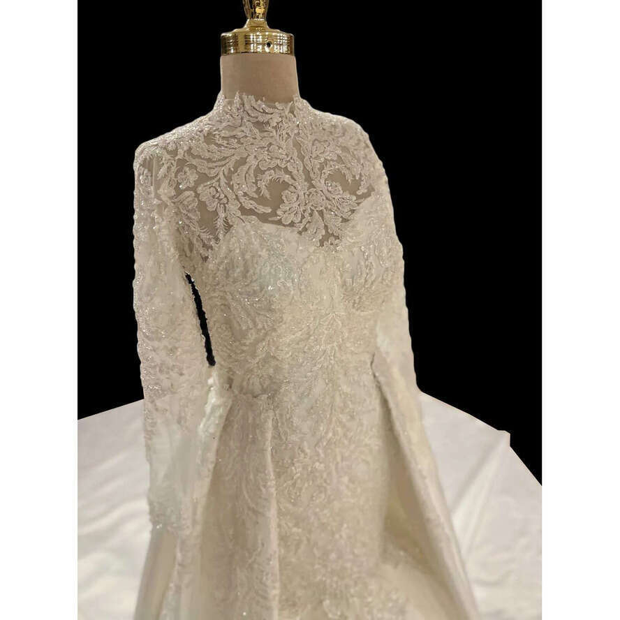 Elegant Mermaid Wedding Dresses High Collar Long Sleeves Bridal Gown Lace Detachable Train Dress Custom Made