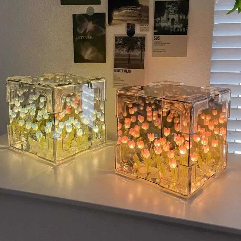 Hot Tulip Nightlight Handmade DIY Material Cube Tulip Mirror Bedroom Decor Atmosphere Lamp Valentines Day Birthday Gift Z250225