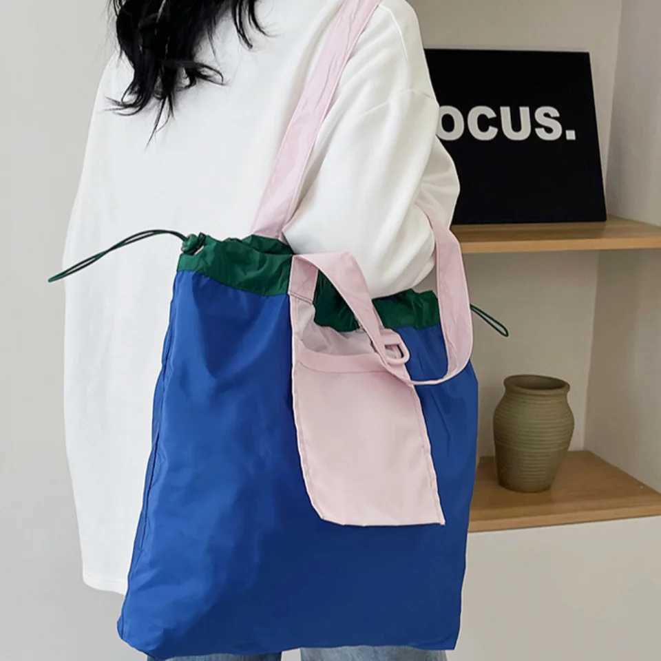 Colorful Foldable Shopping Bag Reusable Large Capacity Pocket Handbag Environment-Friendly Waterproof Drawstring Tote Bag Travel Z250225