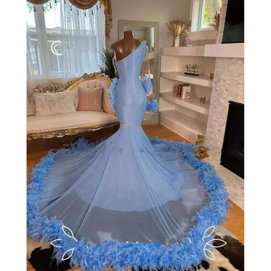 Dresses Baby Blue For Prom Black Girl Sparkly Dia Feather Mermaid Evening Gowns One Shoulder Long Sleeve