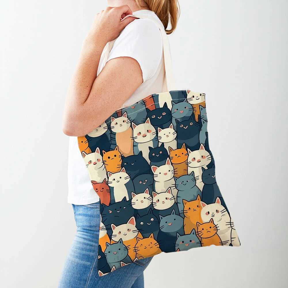 Fashion Cartoon Coffee Cat Womens Handbag Pet Animal Double Print Canvas Womens Shopping Bag Childrens Shoulder Handbag Z250224