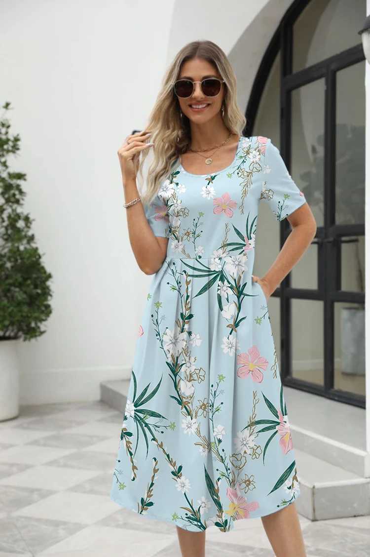 2024 European and American Summer New Womens Ele Printed Round Neck Short Sve Zipper DressXJ250224